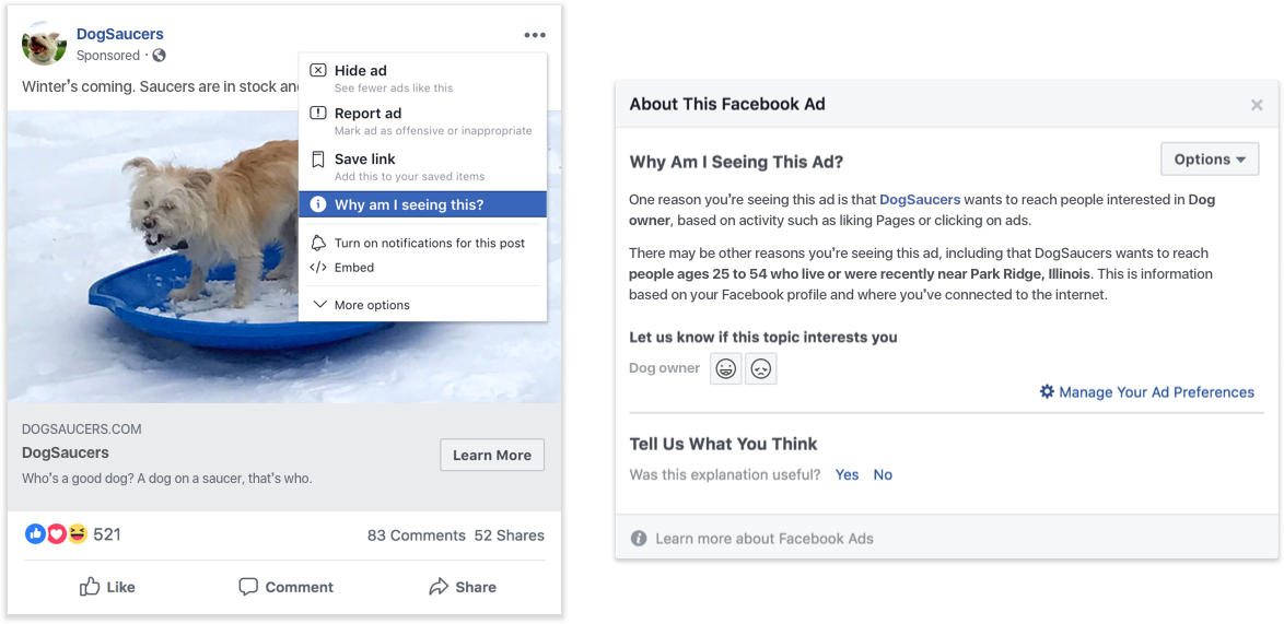 Examples of a Facebook post with its menu open showing the 'Why am I seeing this?' menu item, and a modal window containing ad targeting information.