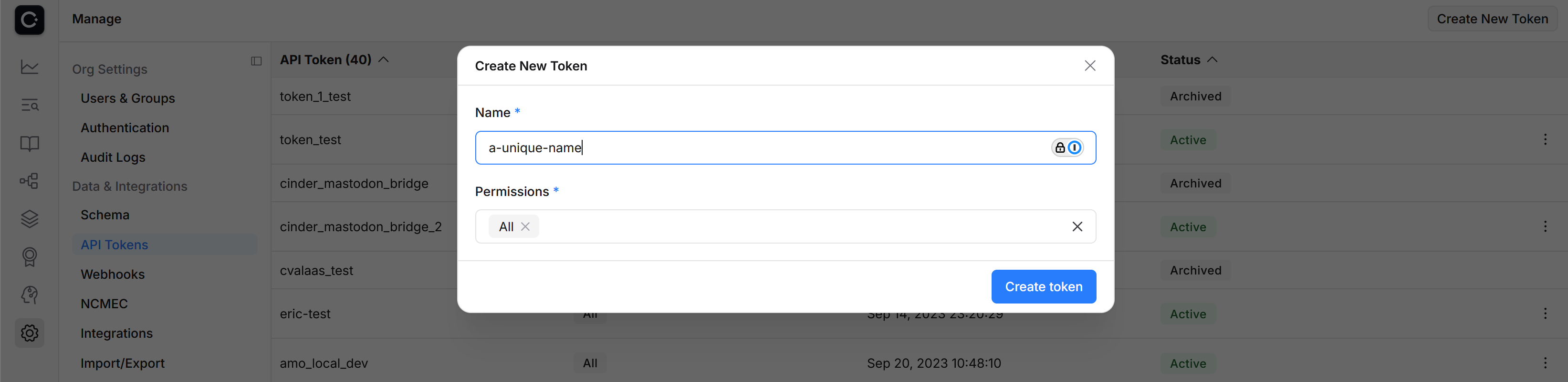 screenshot of Cinder API token creation dialog