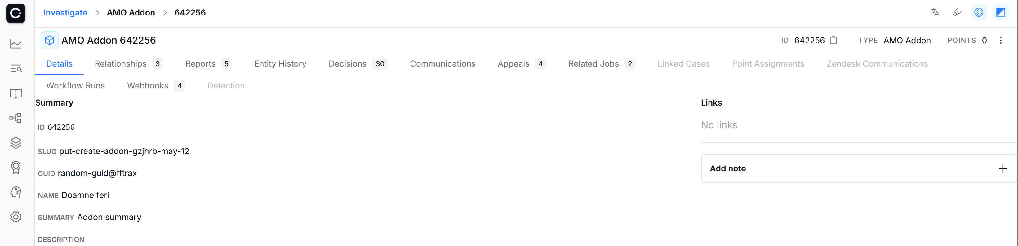screenshot of Cinder investigate entity page for Add-on id 624256