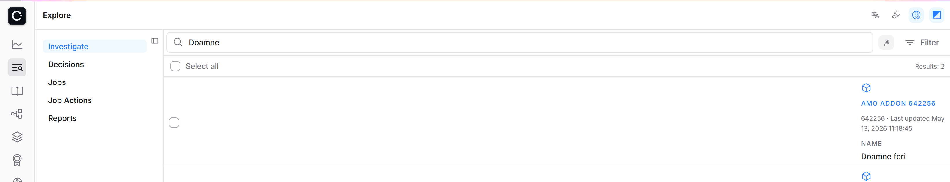 screenshot of Cinder investigate search page
