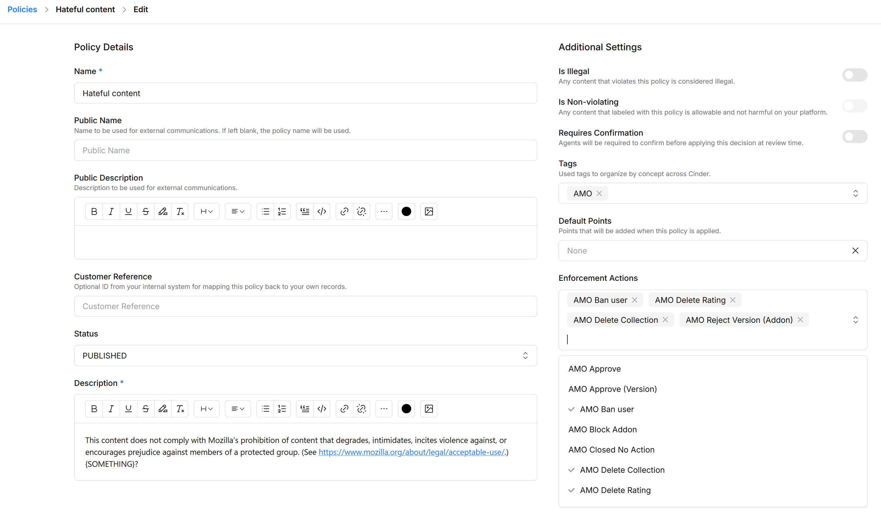 screenshot of Cinder policies edit