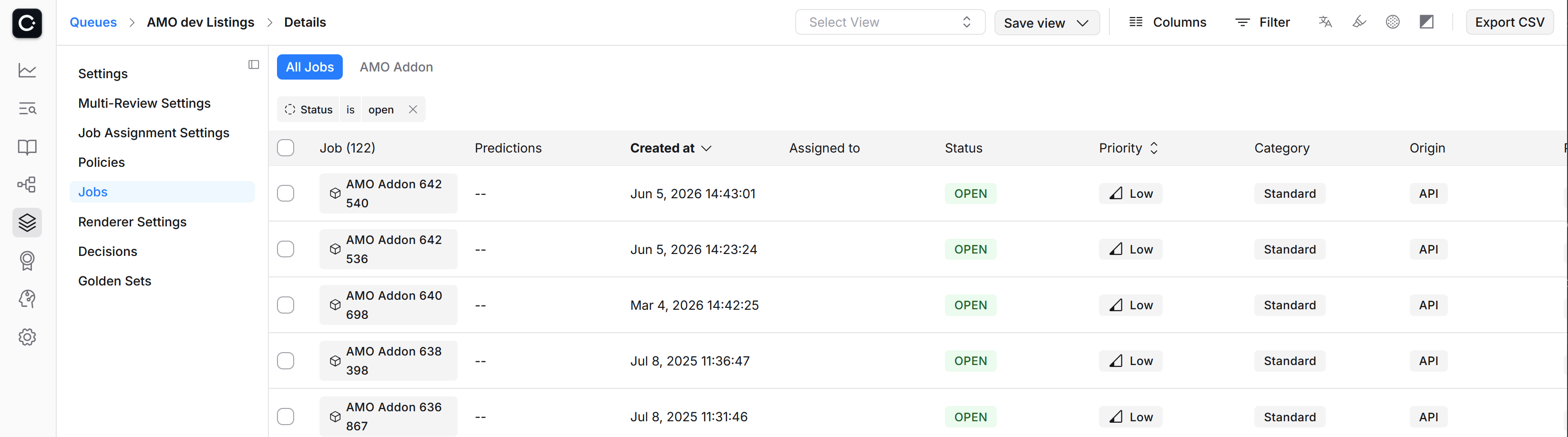 screenshot of the list of jobs in the cinder AMO dev listing queue