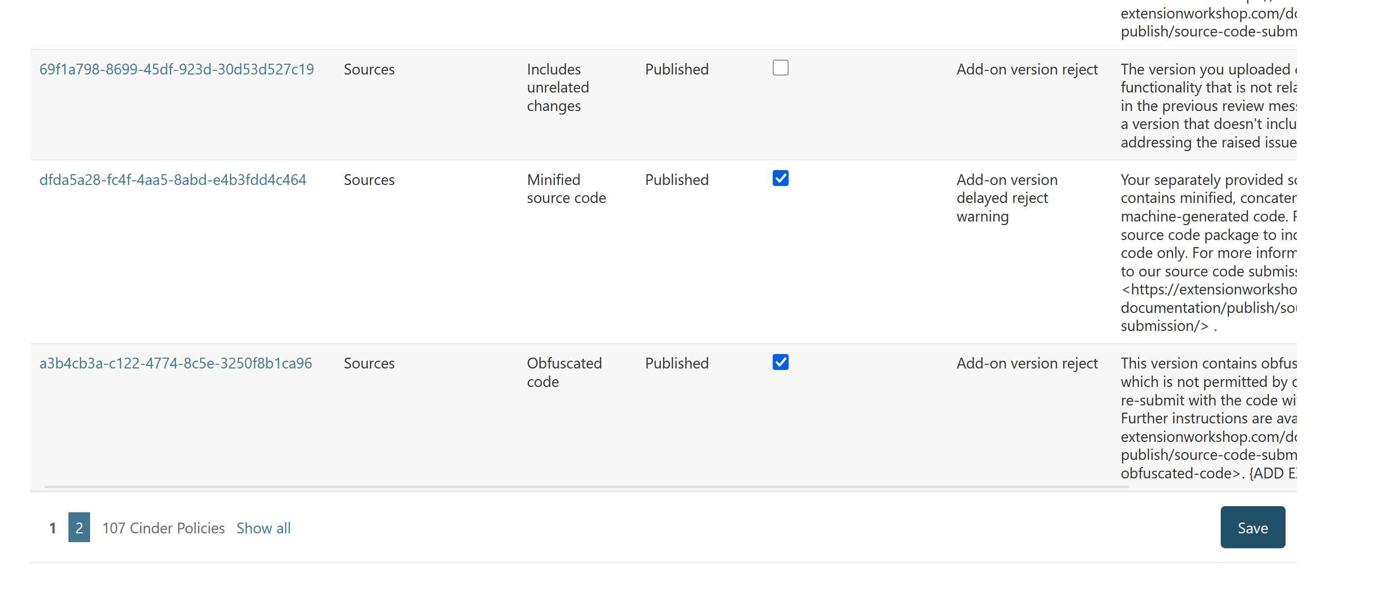 screenshot of Django admin: Cinder policy list, show checkboxes and save button
