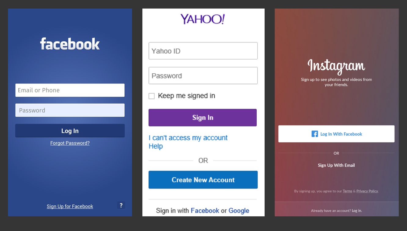 An image of the login screens from several popular apps
