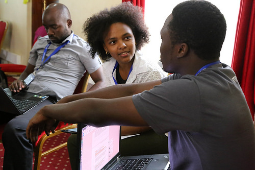 An image of DSO Project participants conversing over their laptop computers