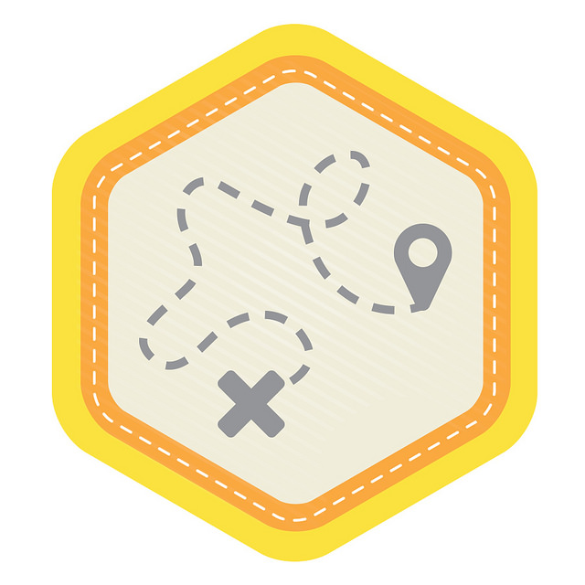 An image of a hexagonal data trail timeline badge with a dotted line representing a path, an x for x-marks-the-spot, and a map pin icon on it