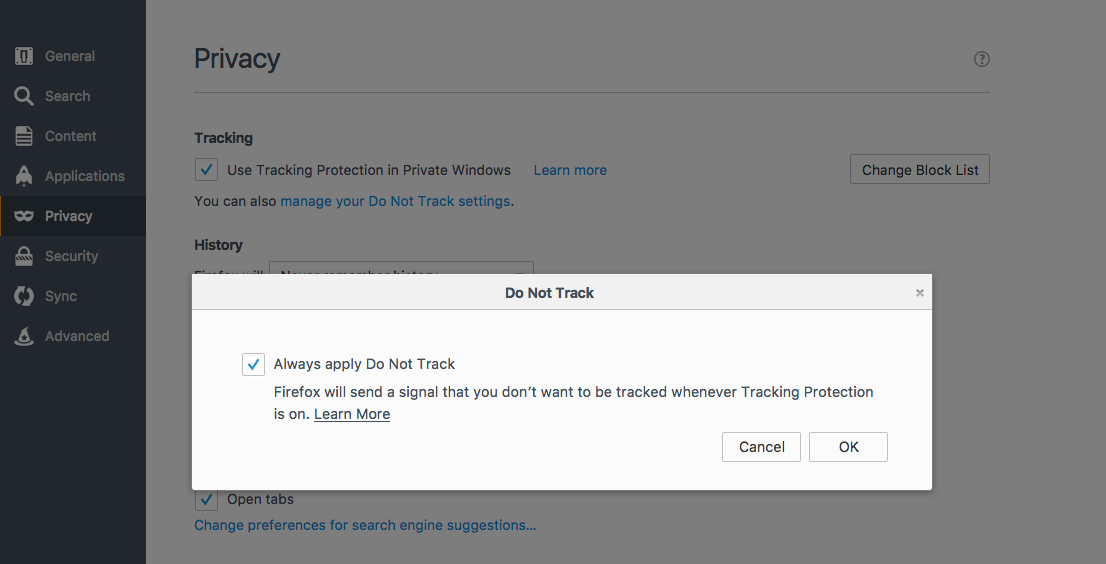 An image of a screen capture of Do Not Track settings in Firefox's Preferences and Privacy menu
