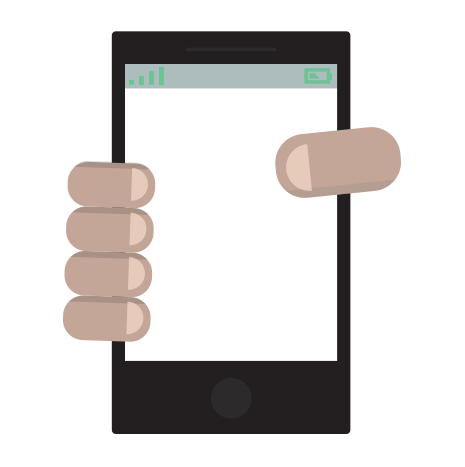 A cartoonish image of a hand holding a mobile device