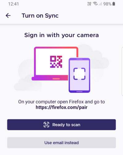The Firefox Mobile pairing screen