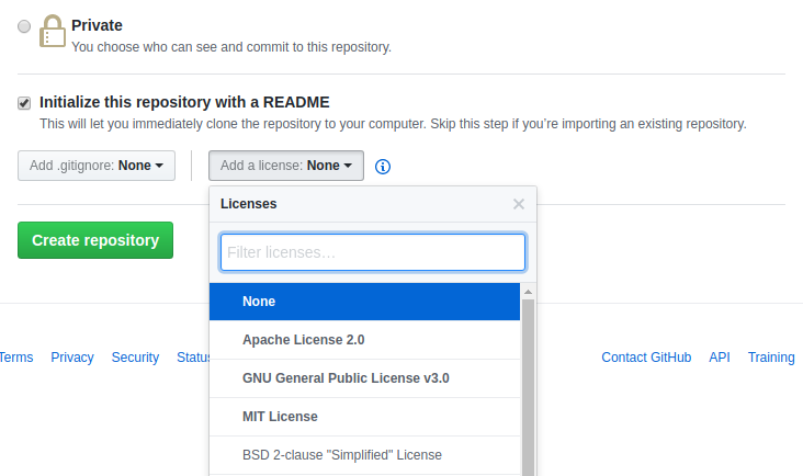 Creating with README.md file and selecting the license